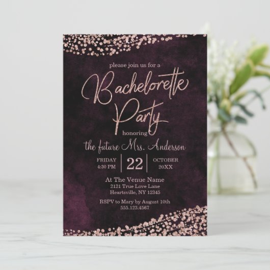 Marsala Roos Gold Bachelorette Feestuitnodiging Kaart (Staand voorkant)