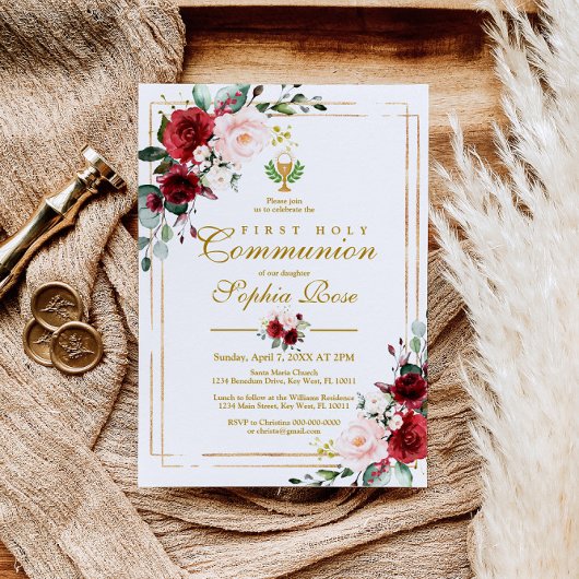 Marsala Roos & Gold Chalice Eerste Heilige Communi Kaart