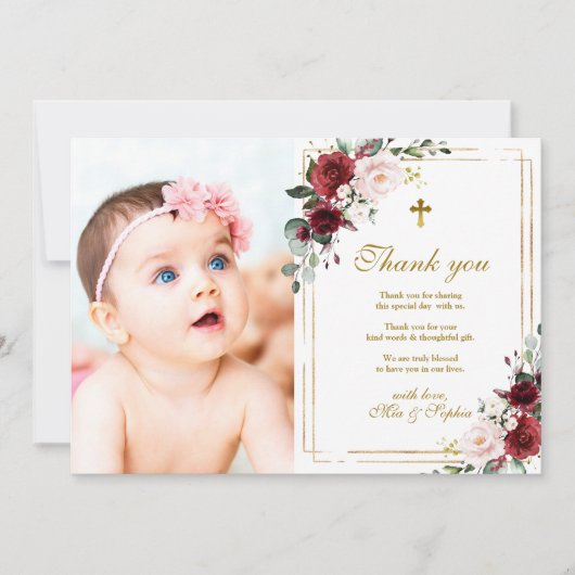 Marsala Roos & Gold Photo Baptisme Hartelijk dank Kaart (Voorkant)