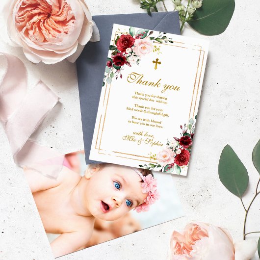 Marsala Roos & Gold Photo Baptisme Hartelijk dank Kaart