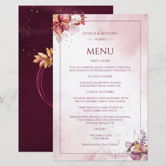 Marsala Roos Gold Waterverf Elegant Wedding Menu (Voorkant / Achterkant)