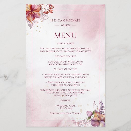 Marsala Roos Gold Waterverf Elegant Wedding Menu (Voorkant)