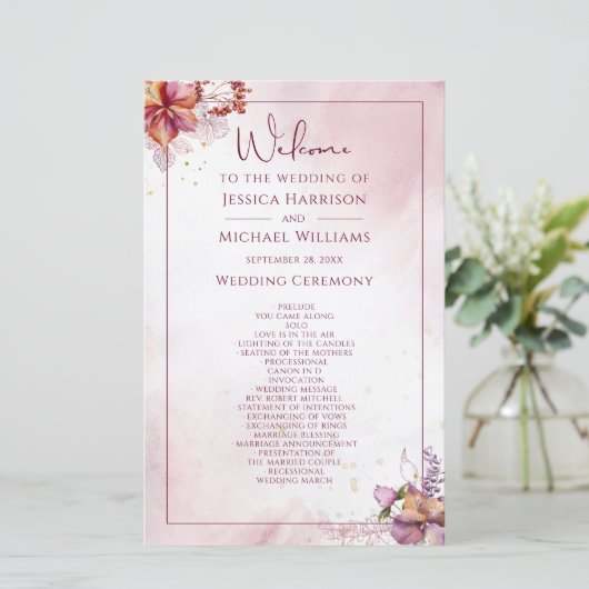 Marsala Roos Gold Waterverf Wedding Programme (Staand voorkant)