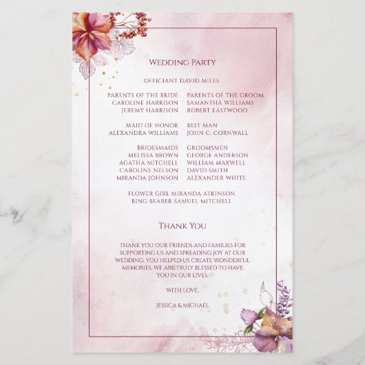 Marsala Roos Gold Waterverf Wedding Programme (Achterkant)
