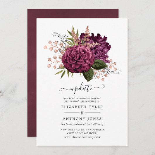 Marsala & Roos Goud Bloemen Vintage Bruiloft Updat Kaart (Voorkant / Achterkant)