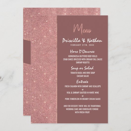 Marsala Roos Gouden Glitter Kleur Blok Bruiloft Me Menu (Voorkant / Achterkant)