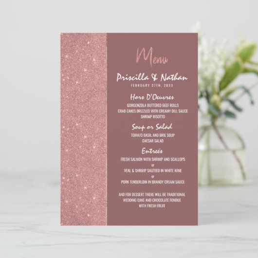 Marsala Roos Gouden Glitter Kleur Blok Bruiloft Me Menu (Staand voorkant)