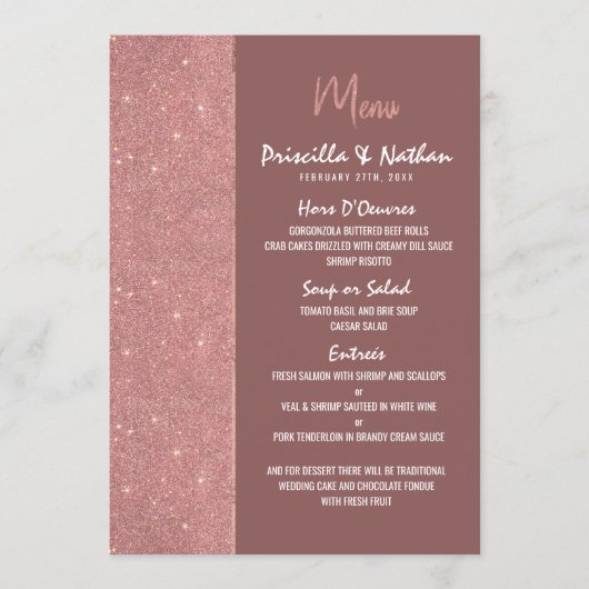 Marsala Roos Gouden Glitter Kleur Blok Bruiloft Me Menu (Voorkant)
