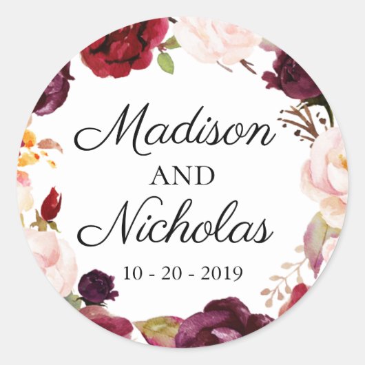 Marsala Roze Bloemen Bruiloft Envelop Seal Sticker (Voorkant)