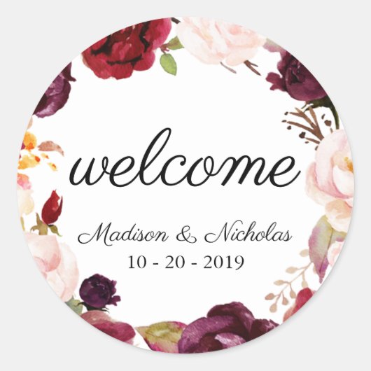 Marsala Roze Bloemen Bruiloft Welkom Stickers (Voorkant)