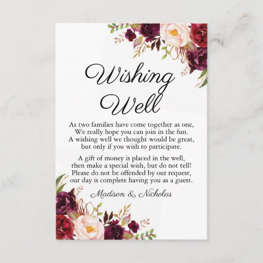 Marsala & Roze Bloemen Bruiloft Wishing Well Kaart (Voorkant)