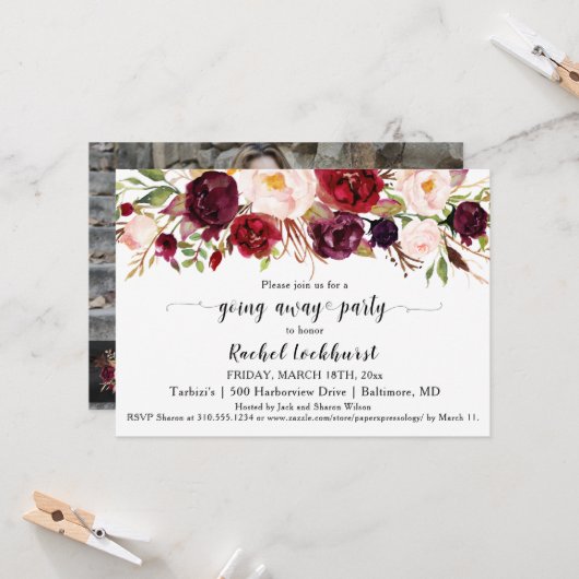 Marsala roze bloemen die weg gaan voor feest kaart (Voorkant / Achterkant in situ)