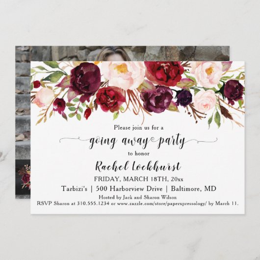 Marsala roze bloemen die weg gaan voor feest kaart (Voorkant / Achterkant)