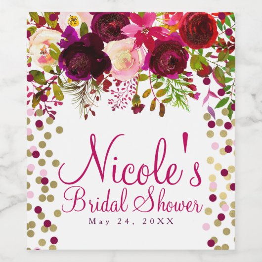 Marsala Roze Bloemen Goud Bourgondië Bold Bruiloft Wijn Etiket (Enkel label)