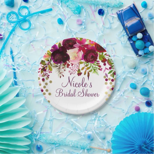 Marsala Roze Bloemen Goud Bourgondië Vrijgezellenf Papieren Bordje (Feest)