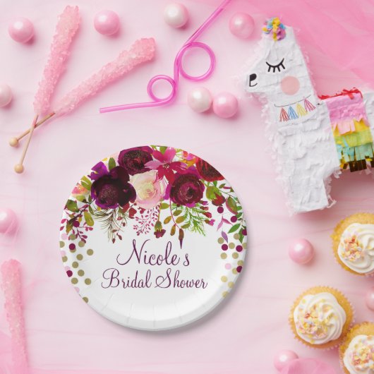 Marsala Roze Bloemen Goud Bourgondië Vrijgezellenf Papieren Bordje (Feest)