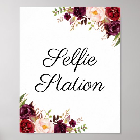 Marsala & Roze Bloemen Huwelijks Selfie Station Bo Poster (Voorkant)