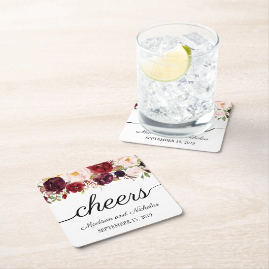 Marsala & Roze Bloemen Trouwpapier Onderzetters (Insitu)