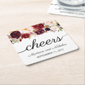 Marsala & Roze Bloemen Trouwpapier Onderzetters (Schuin)