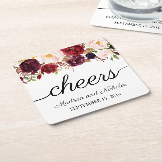 Marsala & Roze Bloemen Trouwpapier Onderzetters (Schuin)