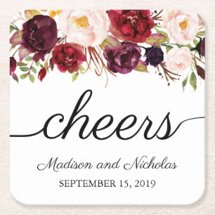 Marsala & Roze Bloemen Trouwpapier Onderzetters