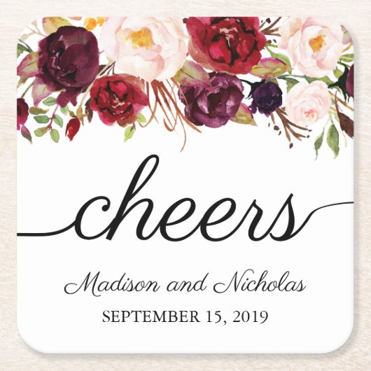 Marsala & Roze Bloemen Trouwpapier Onderzetters (Voorkant)