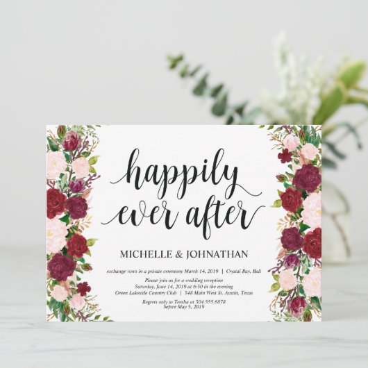 Marsala roze bloemige Happily ever after, Elopemen Kaart (Staand voorkant)
