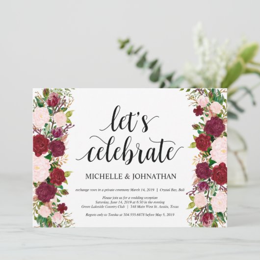 Marsala roze bloemige trouw Elopement Receptie Kaart (Staand voorkant)