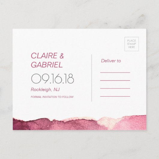 Marsala roze moderne, eenvoudige bruiloft met de d aankondigingskaart (Achterkant)
