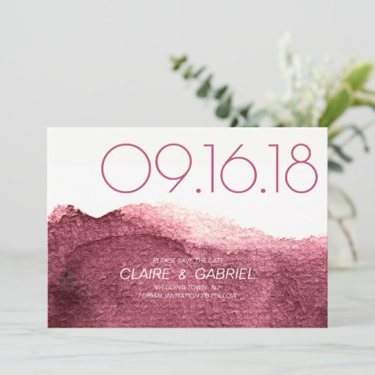 Marsala roze moderne, eenvoudige bruiloft met de d save the date (Staand voorkant)