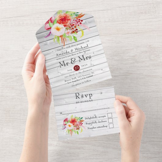 Marsala  Rustic Charm Garden Wedding All In One Uitnodiging (Afscheurbaar)