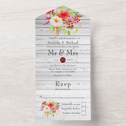 Marsala  Rustic Charm Garden Wedding All In One Uitnodiging (Binnen)