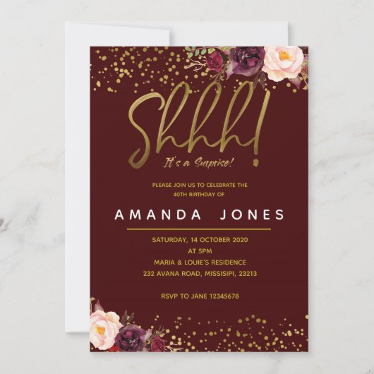 Marsala Surprise Birthday Party Invitation Kaart (Voorkant)