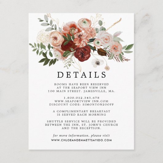 Marsala Terracotta Bloemenbruiloft Gast Details Informatiekaartje (Voorkant)