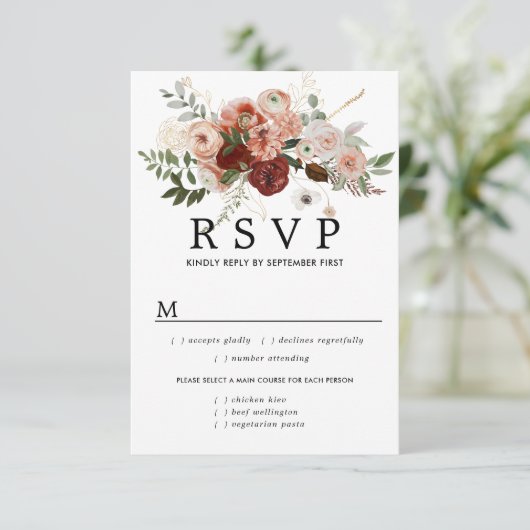 Marsala Terrocotta Bruiloft RSVP Kaart, Maaltijdop (Staand voorkant)