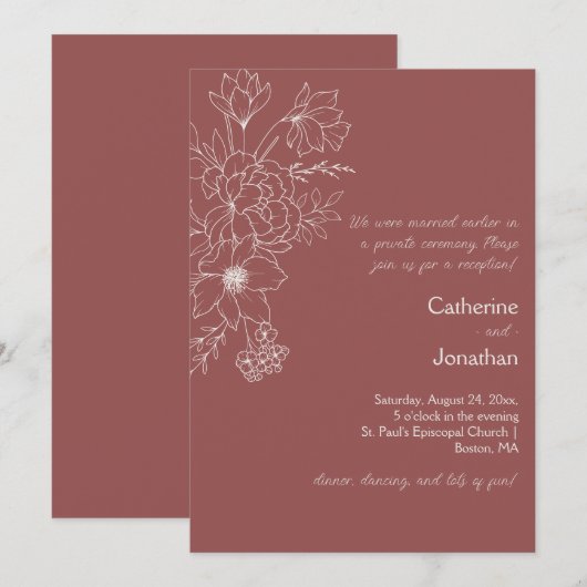 Marsala Vintage Line Drawn Floral Reception Kaart (Voorkant / Achterkant)