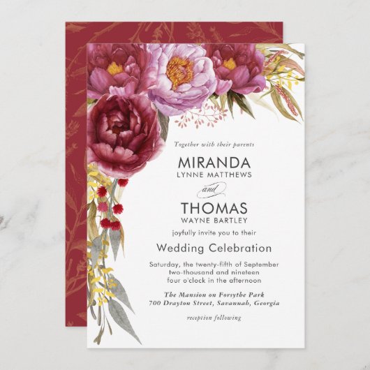 Marsala Waterverf Bloemen Huwelijksuitnodiging Kaart (Voorkant / Achterkant)