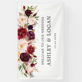 Marsala Waterverf Bloemenbruiloft Welkom Spandoek (Verticaal)