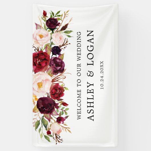 Marsala Waterverf Bloemenbruiloft Welkom Spandoek (Verticaal)