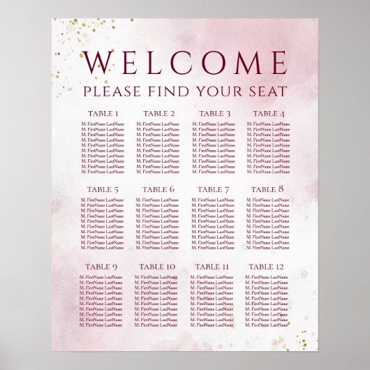 Marsala Waterverf Elegant Wedding Seating Chart Poster (Voorkant)
