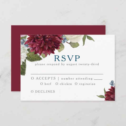 Marsala Waterverf Floral Maroon Fall Wedding RSVP Kaartje (Voorkant / Achterkant)