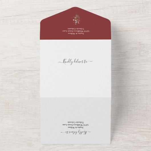Marsala Waterverf Wildflower Simple Wedding All In One Uitnodiging (Buitenkant)