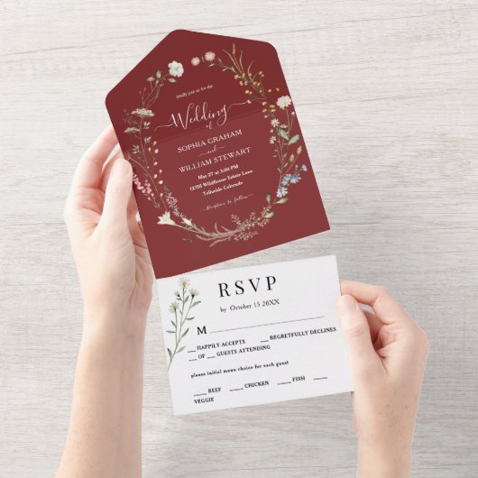 Marsala Waterverf Wildflower Simple Wedding All In One Uitnodiging (Afscheurbaar)
