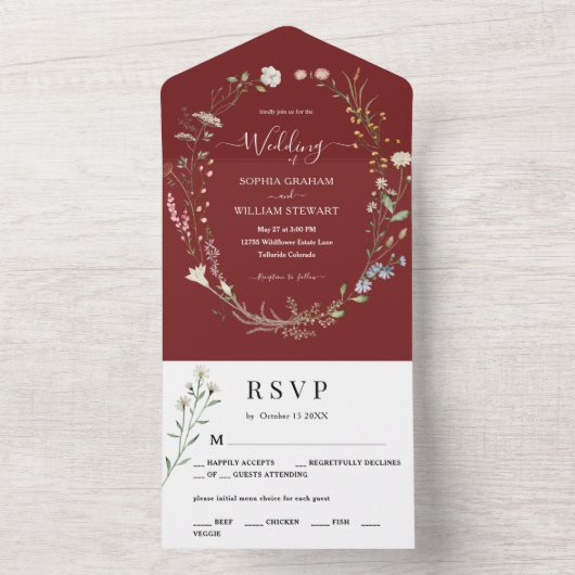 Marsala Waterverf Wildflower Simple Wedding All In One Uitnodiging (Binnen)