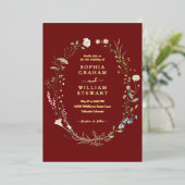 Marsala Waterverf Wildflower Theme Spring Wedding Folie Uitnodiging (Staand Voorkant)