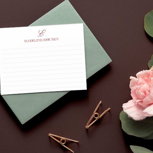 Marsala & White Monogram Lined Notitiekaartje