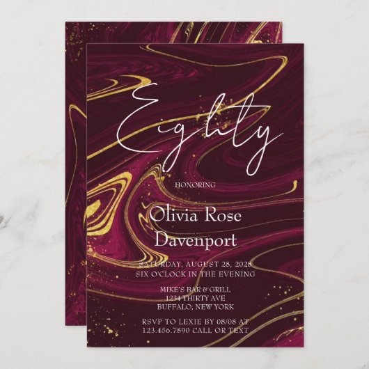 Marsala Wijn Goud Alcohol Inkt 80ste Verjaardagsfe Kaart (Voorkant / Achterkant)