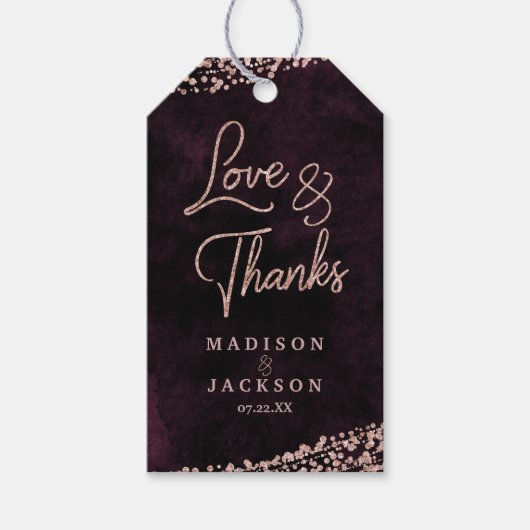 Marsala Wijn & Roos Goud Bruiloft Liefde & Bedankt Cadeaulabel (Voorkant)