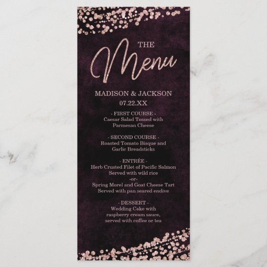 Marsala Wijn & Roos Goud Confetti Bruiloft Menu (Voorkant)