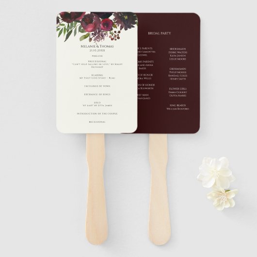 Marsala Wine Red Waterverf Floral Wedding Programm Handwaaier (Voorkant en achterkant)